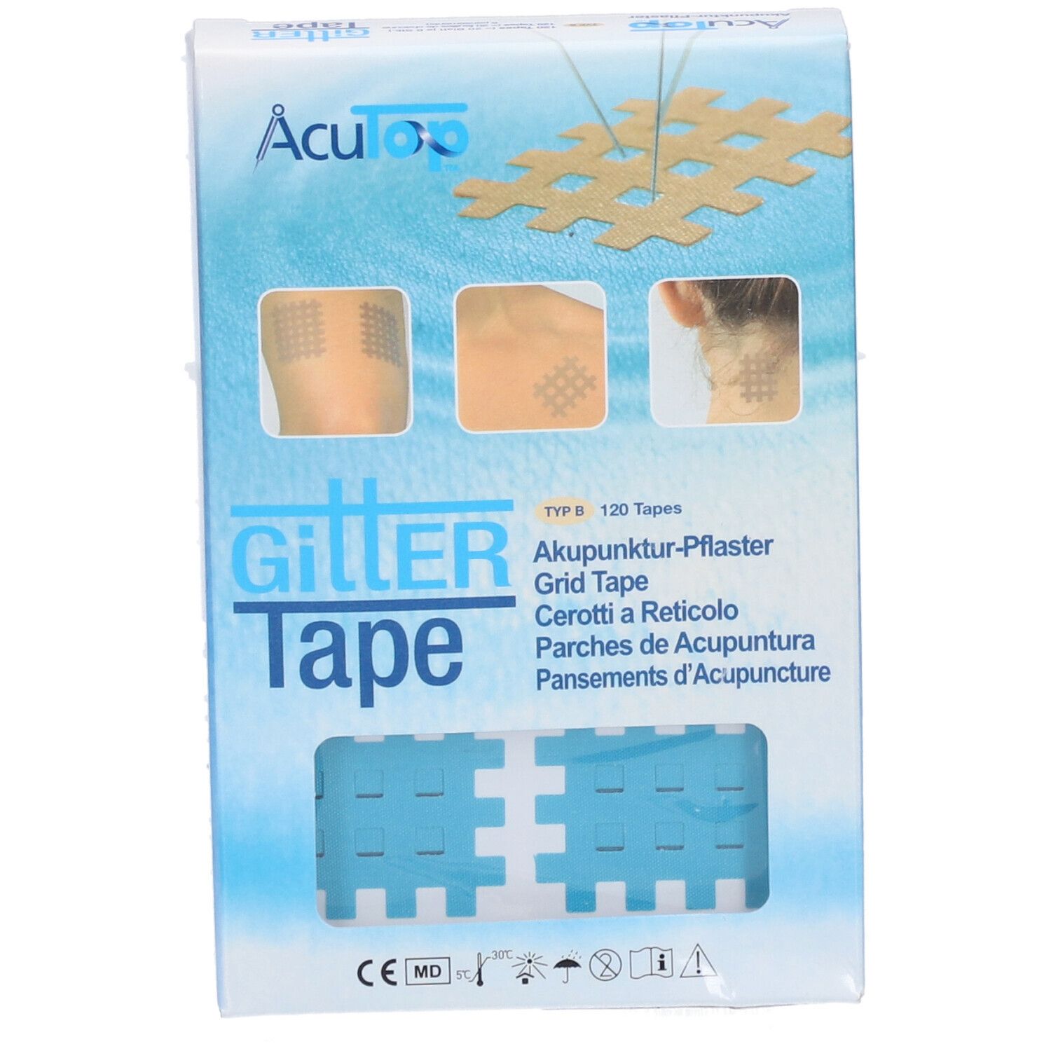 Boîte de Gittertape AcuTop. Patchs carrés bleus et beiges, 120 pièces. Inscription : Akupunktur-Pflaster, Grid Tape.