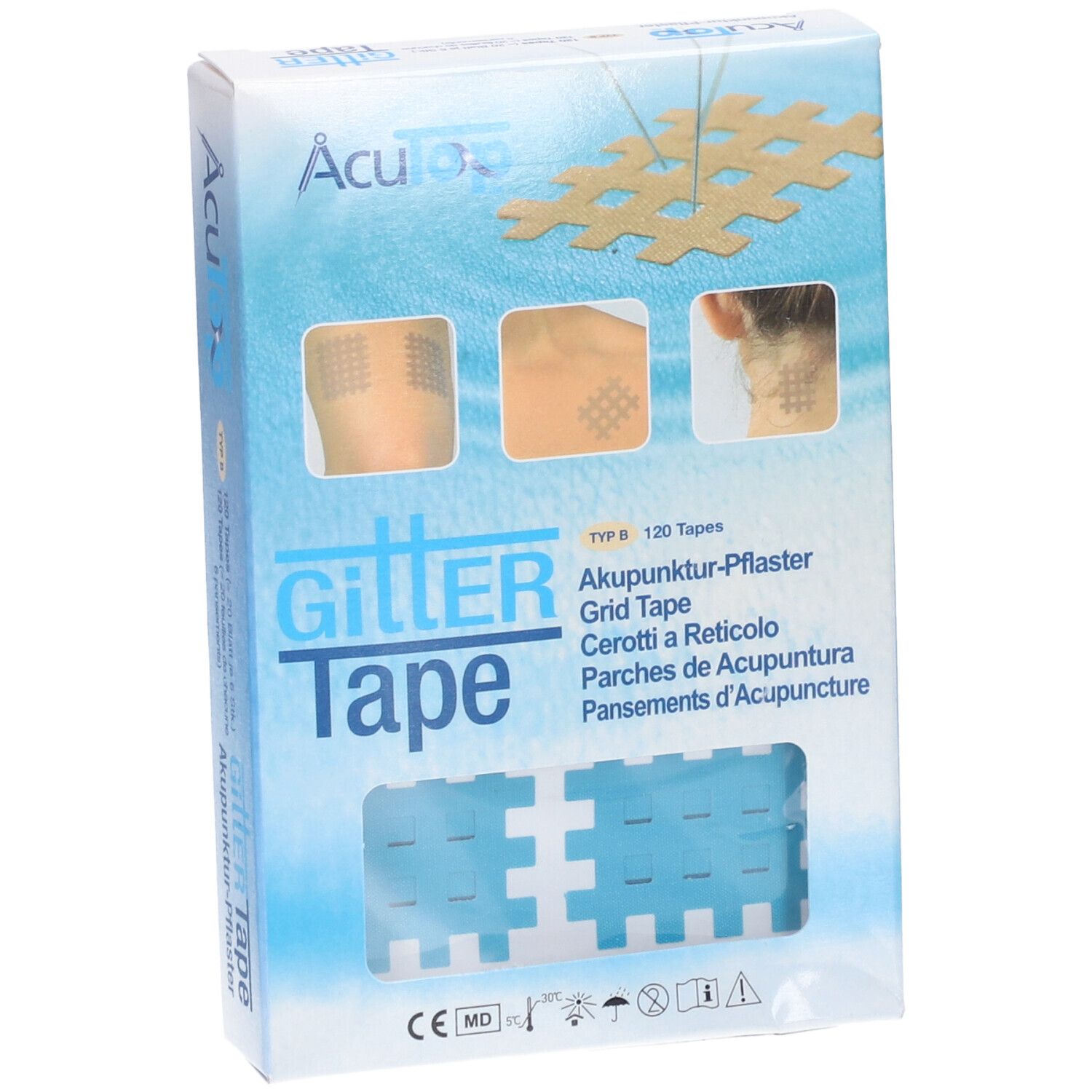 Boîte de Gittertape AcuTop. Patchs carrés bleus et beiges, 120 pièces. Inscription : Akupunktur-Pflaster, Grid Tape.