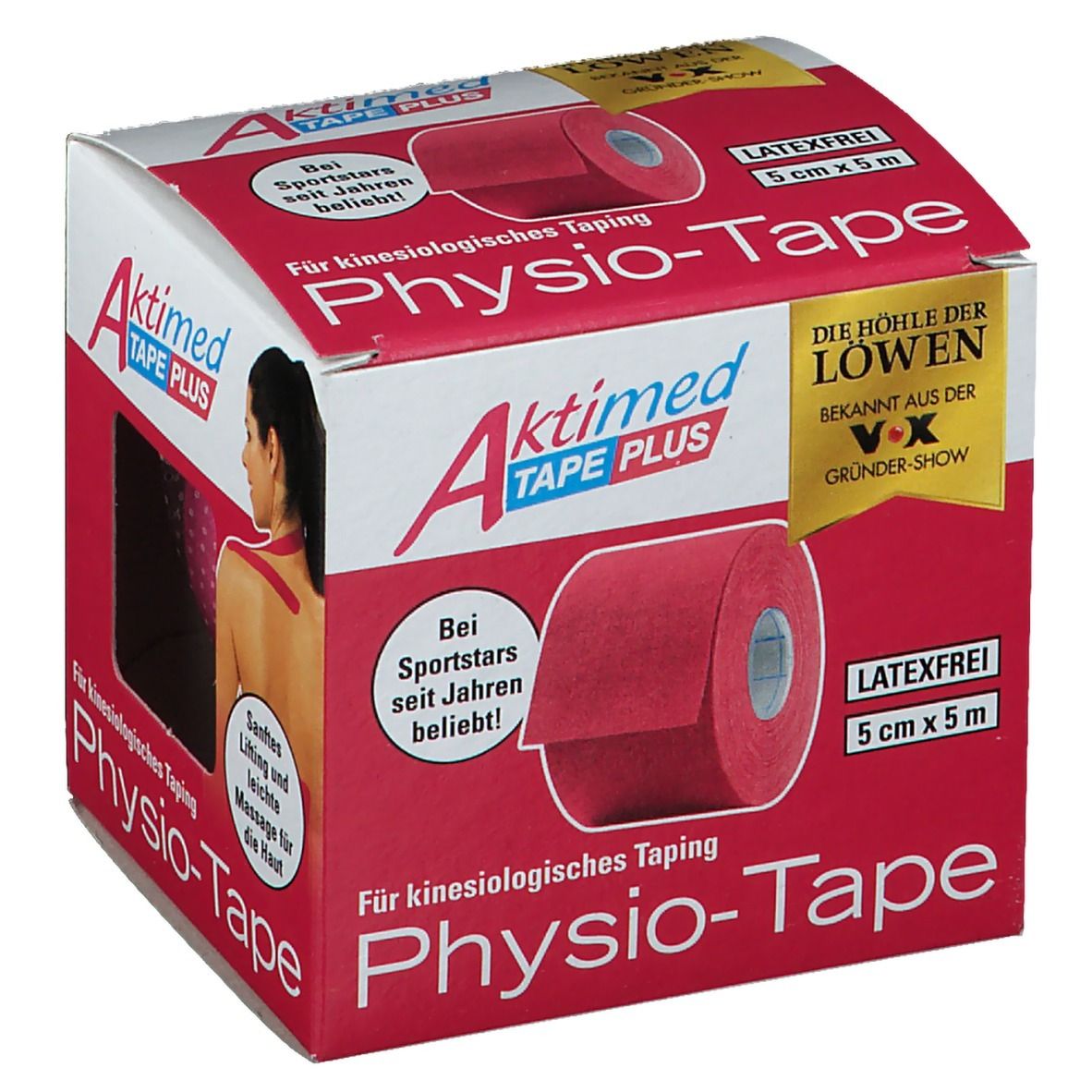 Boîte de Aktimed Tape Plus. Rouleau rose dans la boîte. Inscriptions : Physio-Tape, 5 cm x 5 m, sans latex. Illustration d'une femme avec du tape.