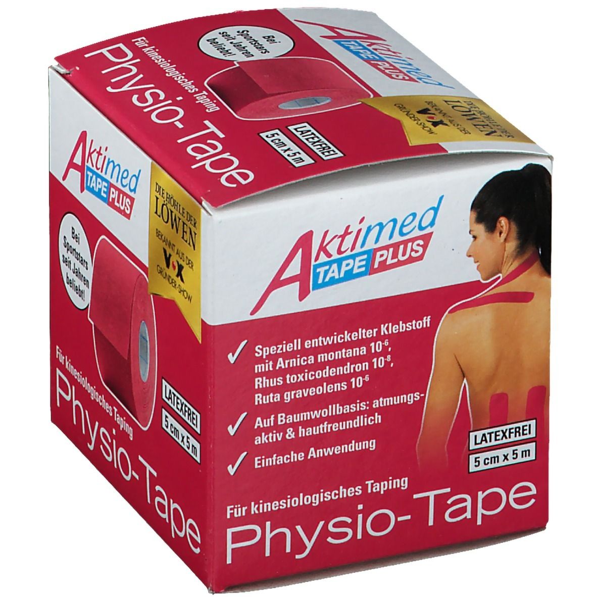 Emballage Aktimed Tape Plus. Rouleau rose dans la boîte. Inscriptions : Physio-Tape, 5 cm x 5 m, sans latex. Ingrédients imprimés. Illustration d'une femme avec du tape.