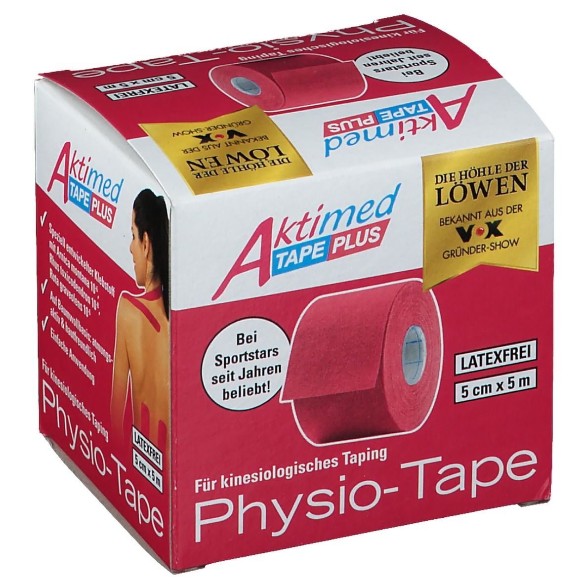 Emballage Aktimed Tape Plus. Rouleau rose dans la boîte. Inscriptions : Physio-Tape, 5 cm x 5 m, sans latex. Logo 'Die Höhle der Löwen'. Illustration d'une femme avec du tape.