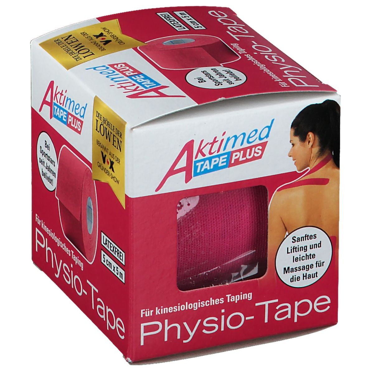 Emballage Aktimed Tape Plus. Rouleau rose dans la boîte. Inscriptions : Physio-Tape, 5 cm x 5 m, sans latex. Illustration d'une femme avec du tape. Texte : Lifting doux.