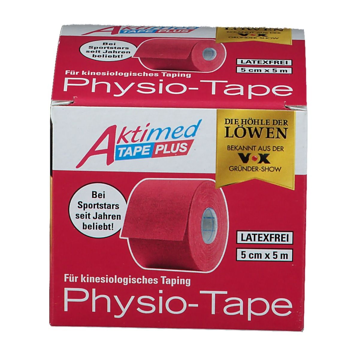 Emballage Aktimed Tape Plus. Rouleau rose dans la boîte. Inscriptions : Physio-Tape, 5 cm x 5 m, sans latex. Logo 'Die Höhle der Löwen'.