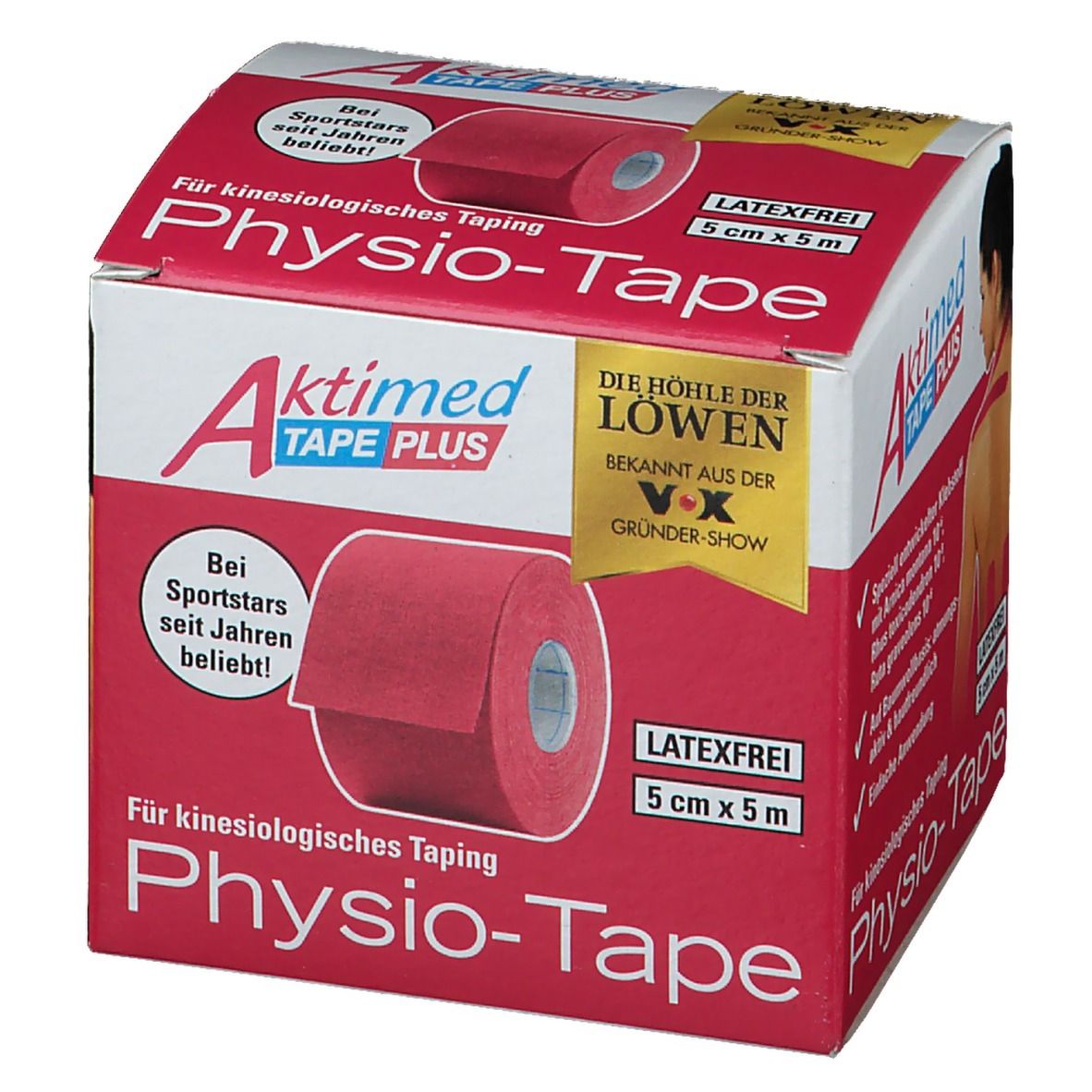 Emballage Aktimed Tape Plus. Rouleau rose dans la boîte. Inscriptions : Physio-Tape, 5 cm x 5 m, sans latex. Logo 'Die Höhle der Löwen'.