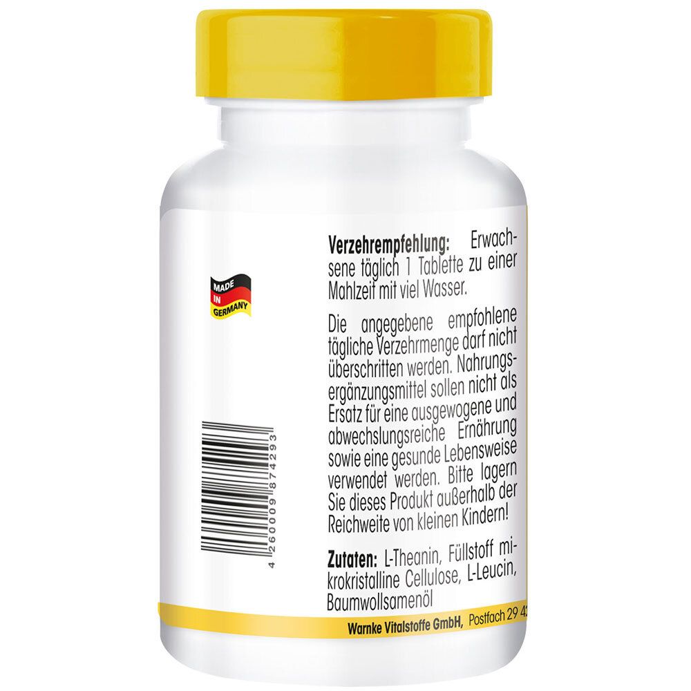 Dos du flacon blanc à bouchon jaune. Texte : Recommandations, ingrédients, Warnke Vitalstoffe GmbH. Fabriqué en Allemagne.