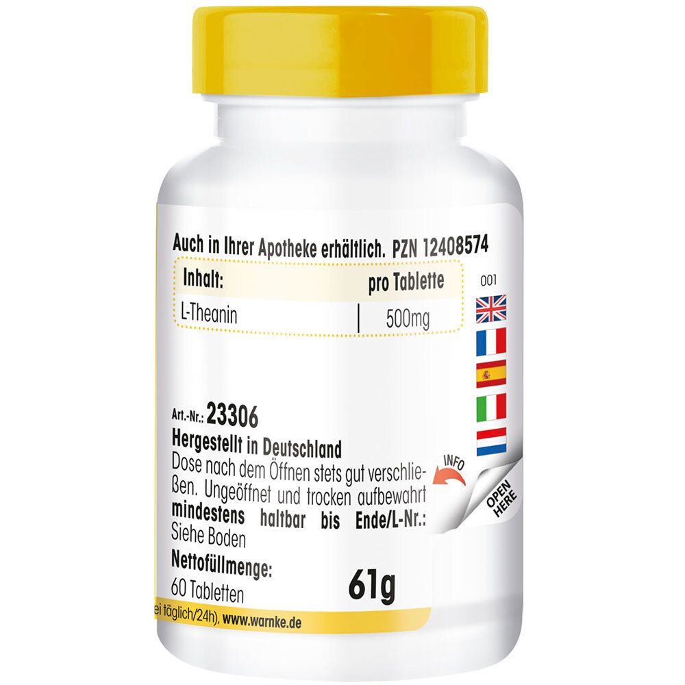 Dos du flacon blanc à bouchon jaune. Texte : L-Théanine, 500mg, 61g, 60 comprimés. Fabriqué en Allemagne. PZN 12408574.