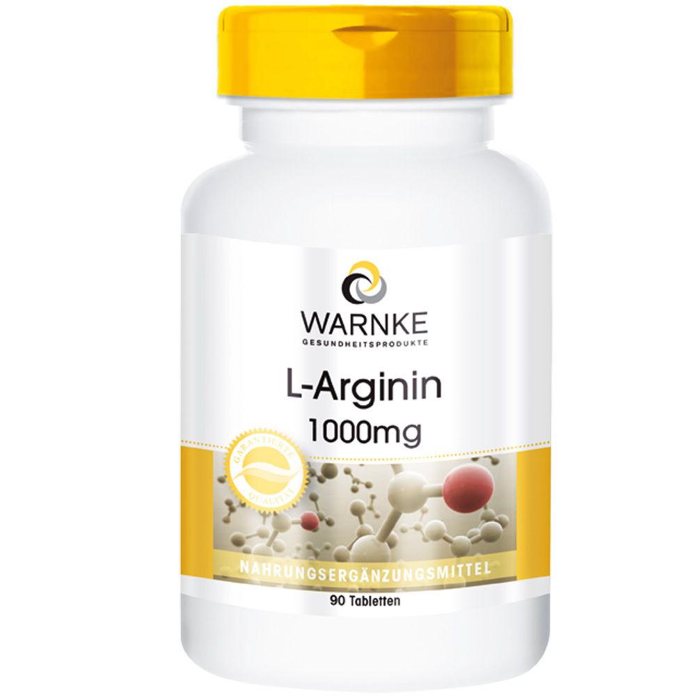 Flacon blanc à bouchon jaune. Inscription: WARNKE L-Arginine 1000mg. Complément alimentaire. 90 comprimés. Avec certificat.