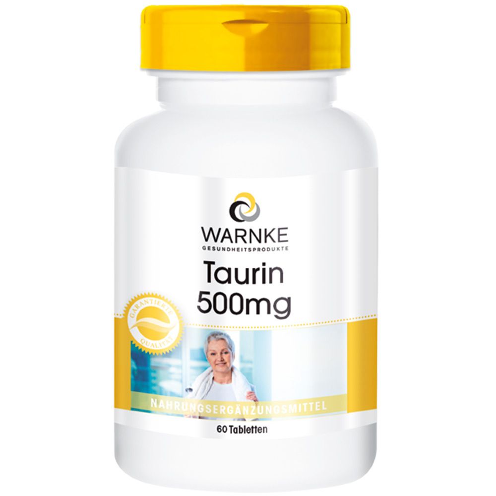 Flacon de comprimés blanc à bouchon jaune. Inscription : WARNKE Taurine 500mg. 60 comprimés. Image d'une femme.