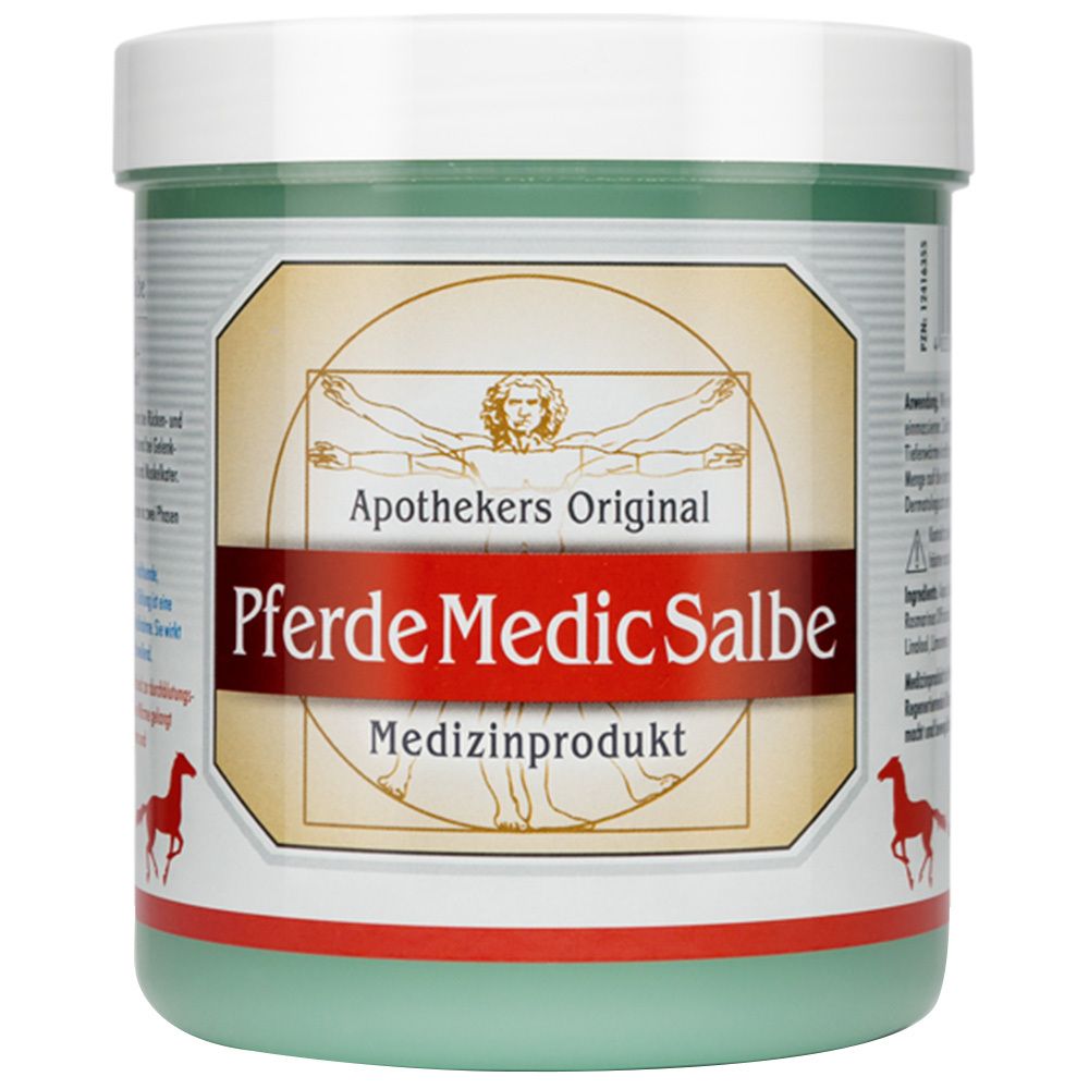 Pot vert avec couvercle blanc. Inscription: Apothekers Original PferdeMedicSalbe. Produit médical. Silhouette de cheval rouge.