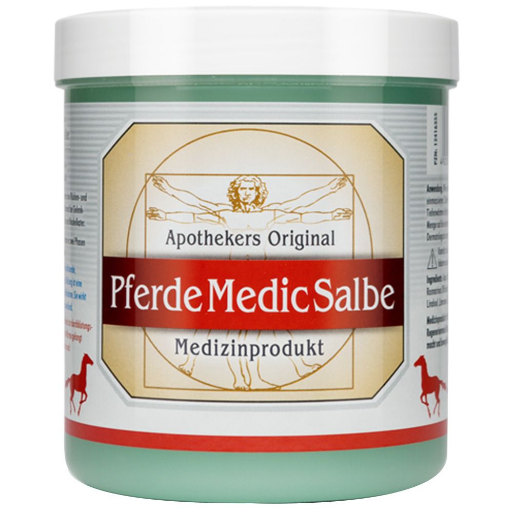 Pot vert avec couvercle blanc. Inscription : Apothekers Original Pferde Medic Salbe. Produit médical.