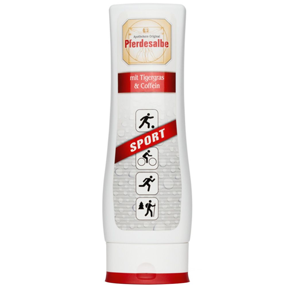 Tube blanche avec bouchon rouge. Inscription: Pferdesalbe SPORT. Contient de l'herbe du tigre et de la caféine. Icônes sportives.