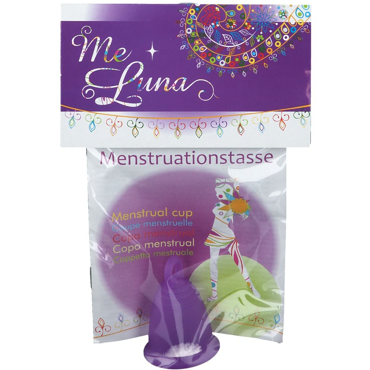 Coupe menstruelle Me Luna violette dans un emballage. Inscription : Coupe menstruelle, illustration d'une femme.