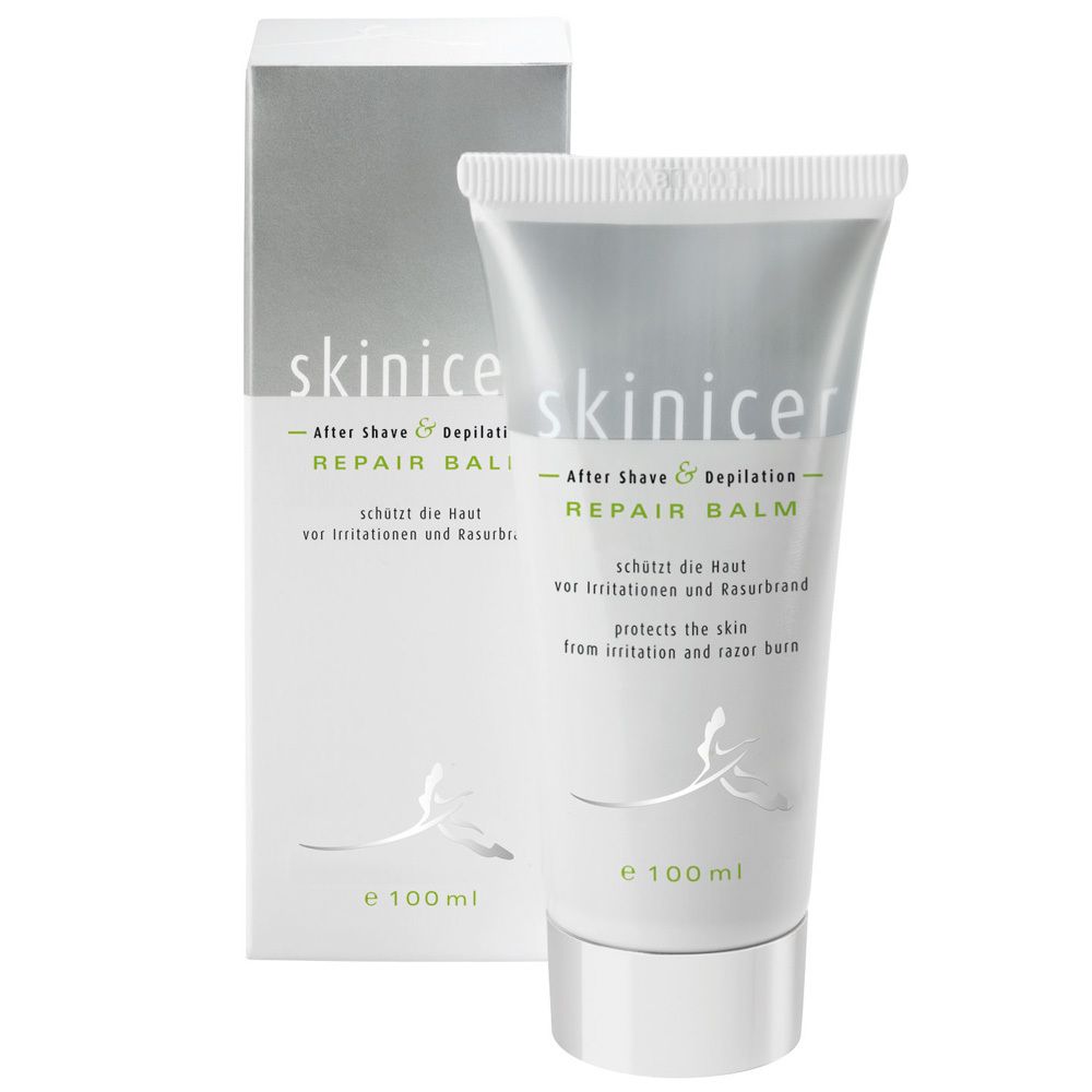Tube et boîte "skinicer Repair Balm". Blanc, gris et vert. Texte: After Shave & Depilation, protège la peau.