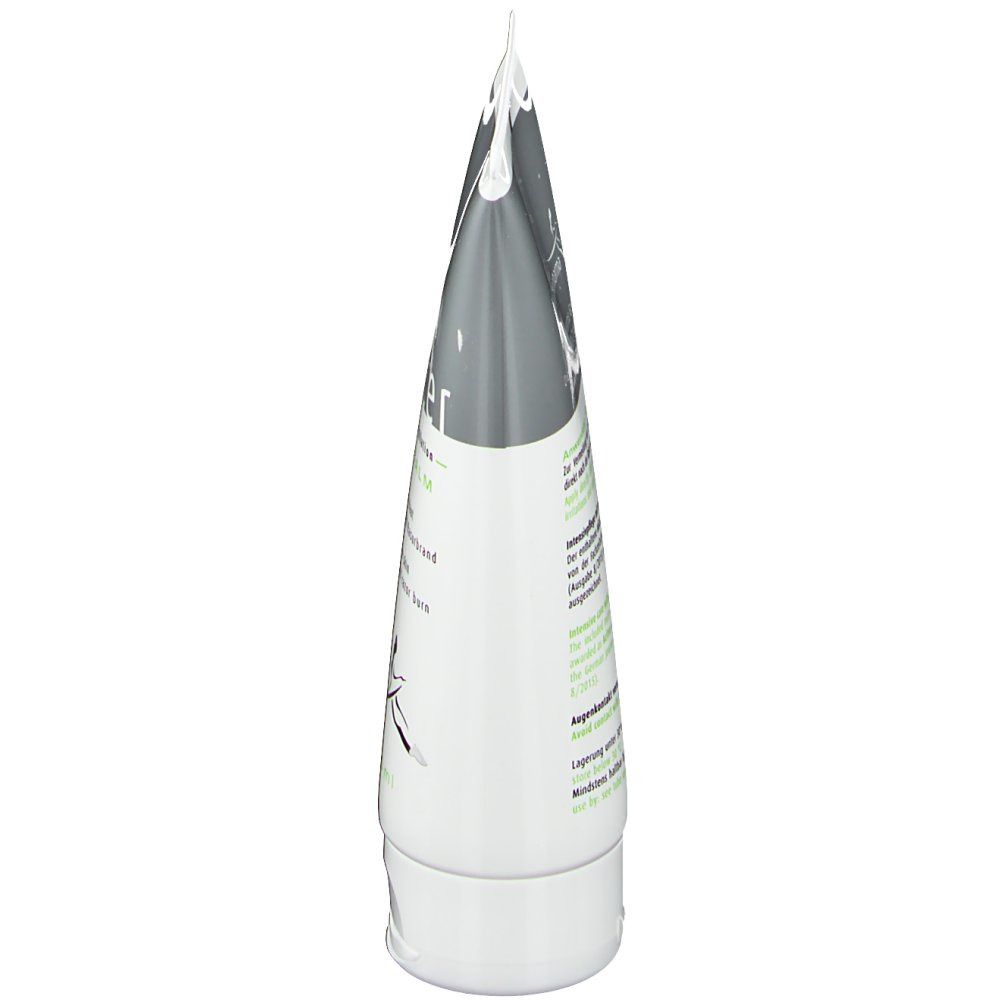 Vue latérale du tube "skinicer Repair Balm". Blanc, gris et vert. Texte: After Shave & Depilation, ingrédients.