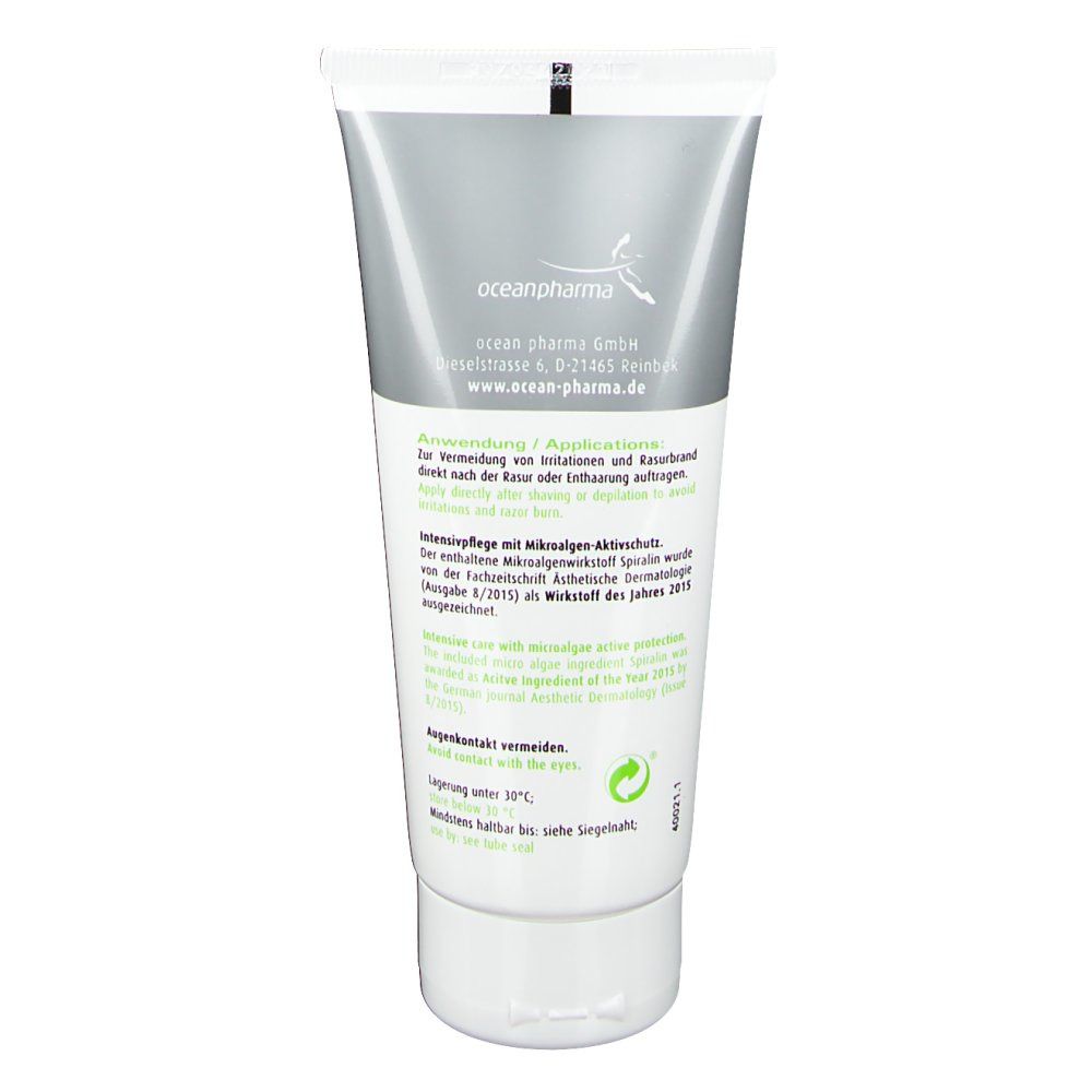 Dos du tube. Blanc, gris et vert. Texte: oceanpharm, utilisation, ingrédients, coordonnées.