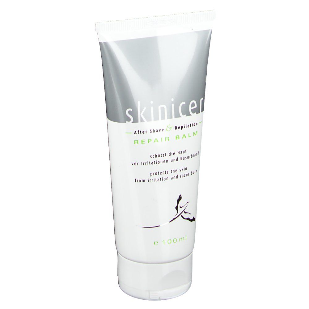 Tube "skinicer Repair Balm". Blanc, gris et vert. Texte: After Shave & Depilation, protège la peau des irritations.