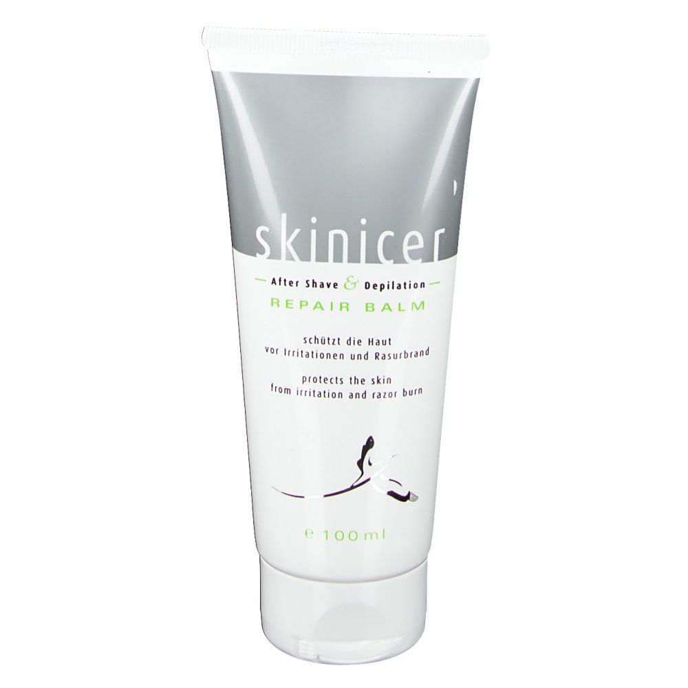 Tube "skinicer Repair Balm". Blanc, gris et vert. Texte: After Shave & Depilation, protège la peau des irritations.