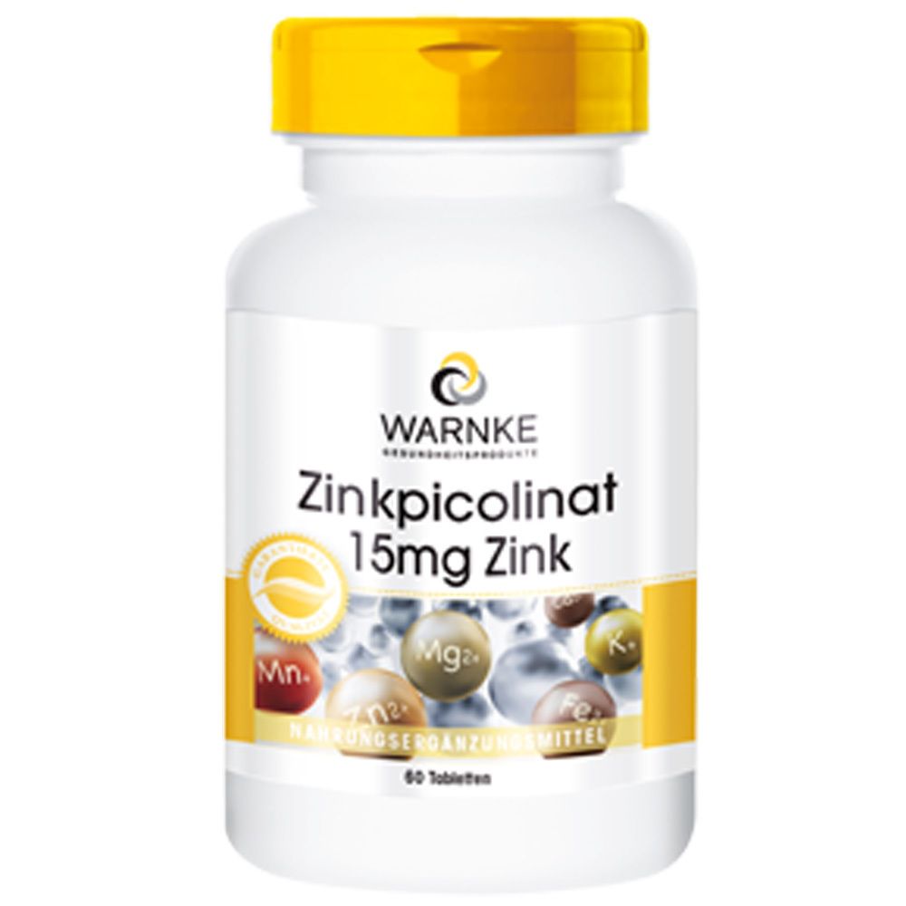 Flacon blanc à bouchon jaune. Inscription: Zinkpicolinat 15mg Zink. Marque: Warnke. 60 comprimés.