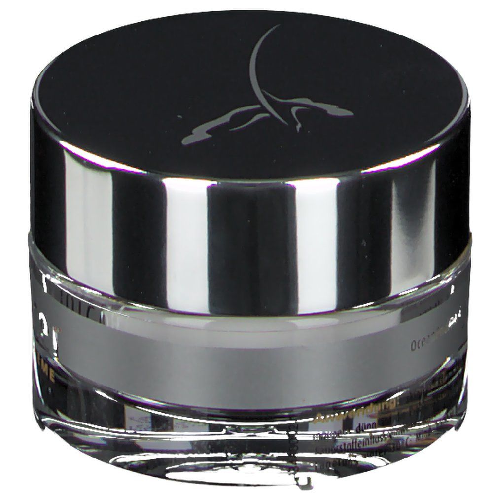 Pot de crème rond avec bord argenté et couvercle noir. Inscription : skinicer.