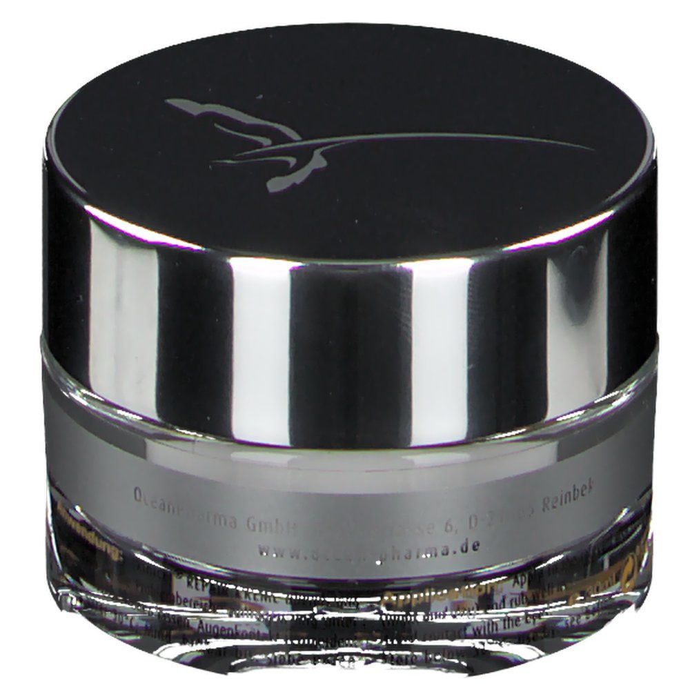 Pot de crème rond avec bord argenté et couvercle noir. Inscription : skinicer.