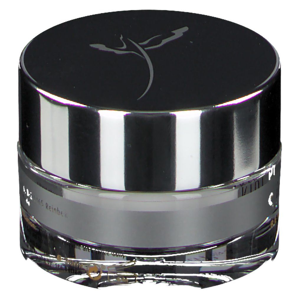 Pot de crème rond avec bord argenté et couvercle noir. Inscription : skinicer.