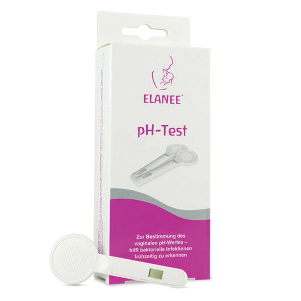 Emballage ELANEE pH-Test avec bâtonnets. Inscription: ELANEE, pH-Test. Design rose et blanc. Bâtonnet avec affichage numérique.