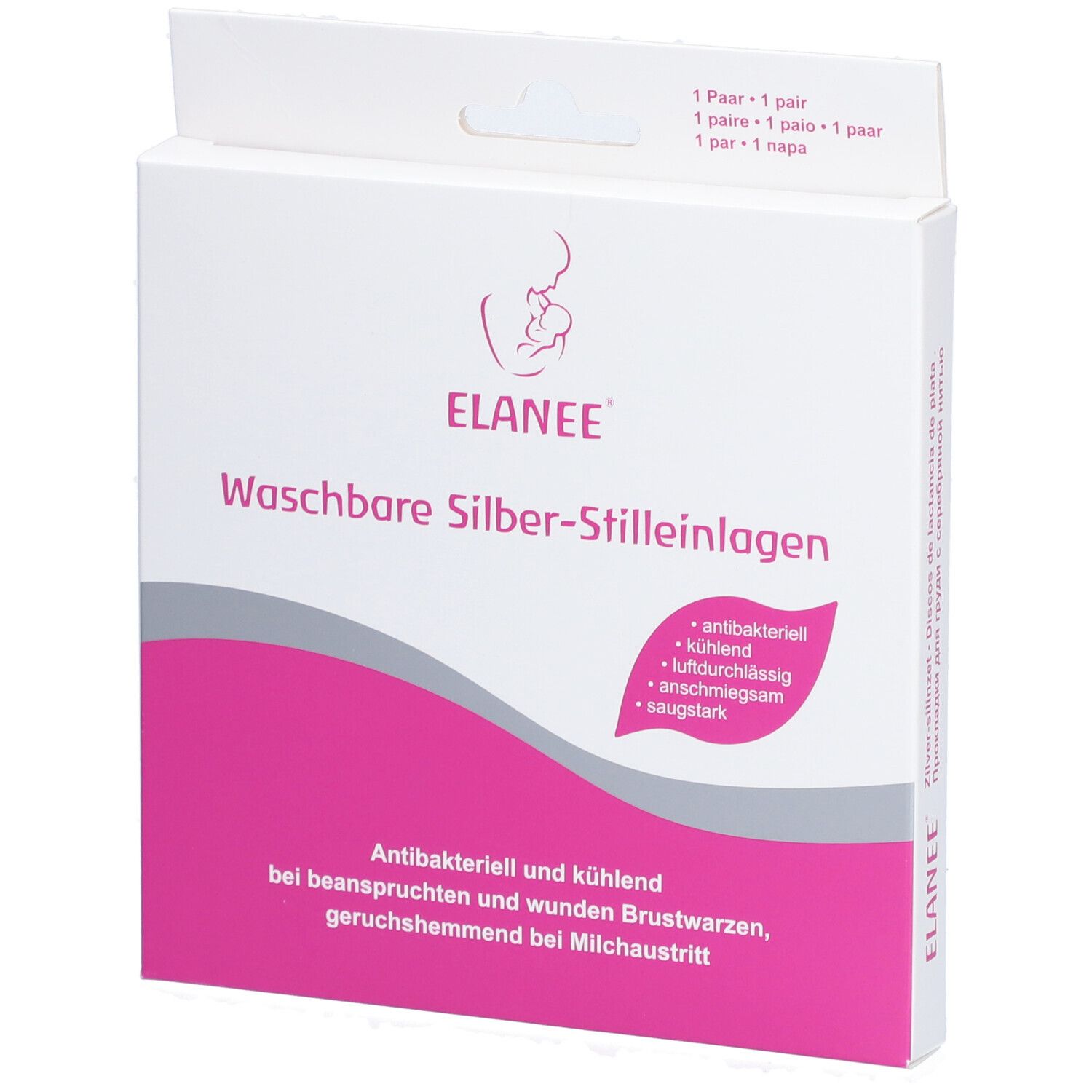 ELANEE® coussinets d'allaitement lavables en argent dans un emballage. Accent rose. Texte : antibactérien, rafraîchissant, respirant, doux, absorbant.