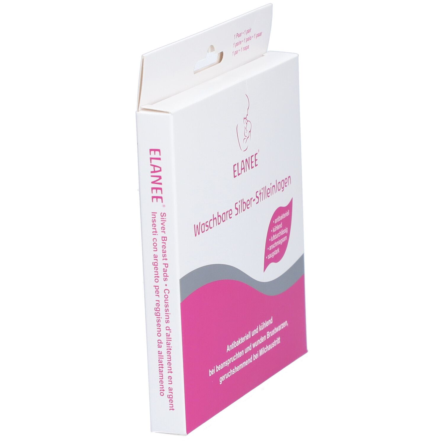 Emballage ELANEE® en biais. Coussinets d'allaitement lavables en argent. Accent rose. Texte : antibactérien, rafraîchissant, respirant, doux, absorbant.