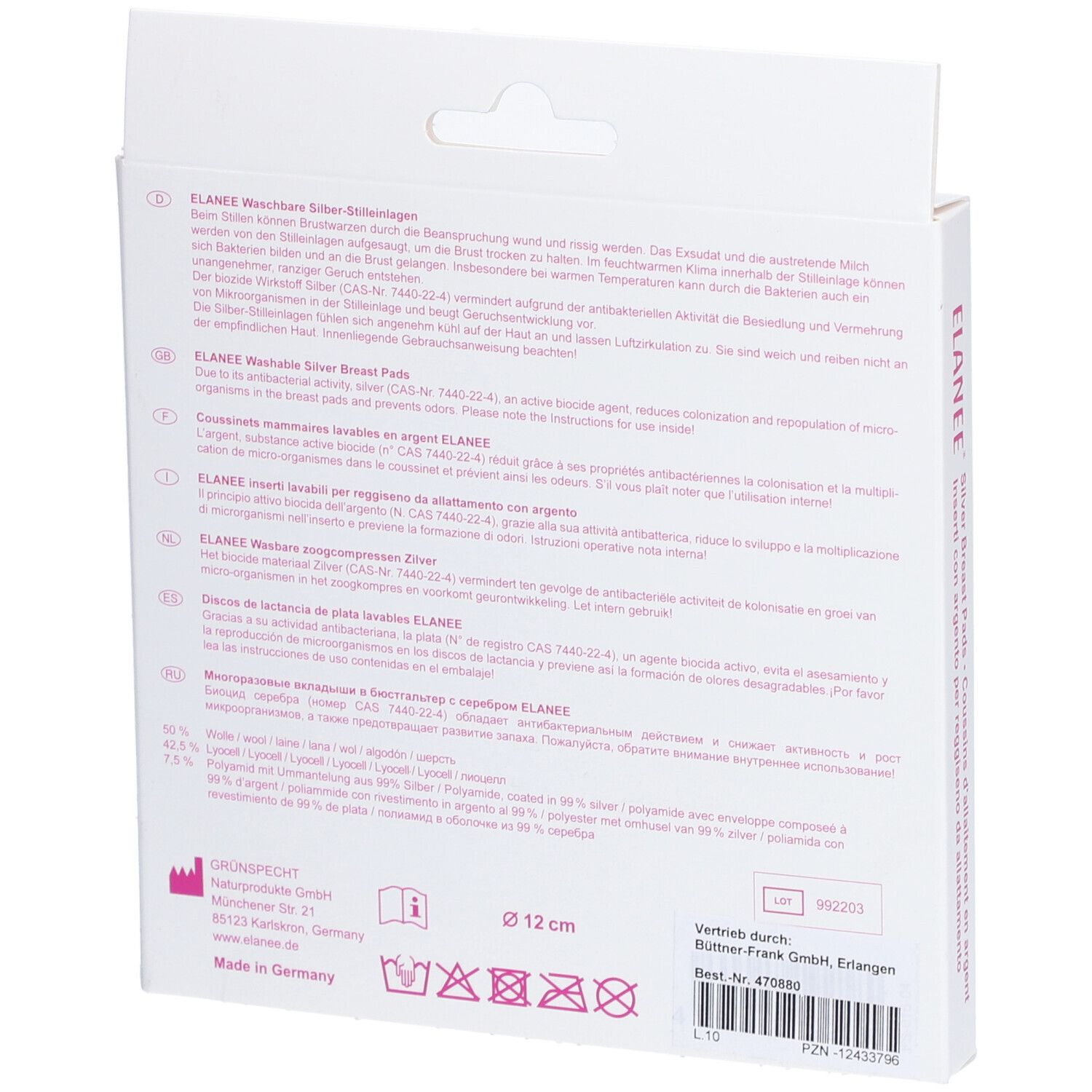 Dos de l'emballage ELANEE®. Texte : coussinets d'allaitement lavables en argent. Ingrédients, mode d'emploi, informations fabricant, numéro de lot, Ø 12 cm.