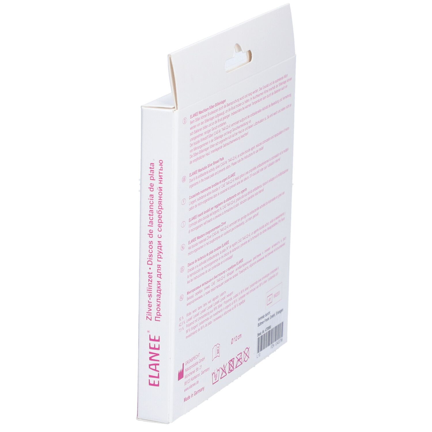 Emballage ELANEE® en biais. Texte : coussinets d'allaitement lavables en argent. Accent rose. Mode d'emploi multilingue.