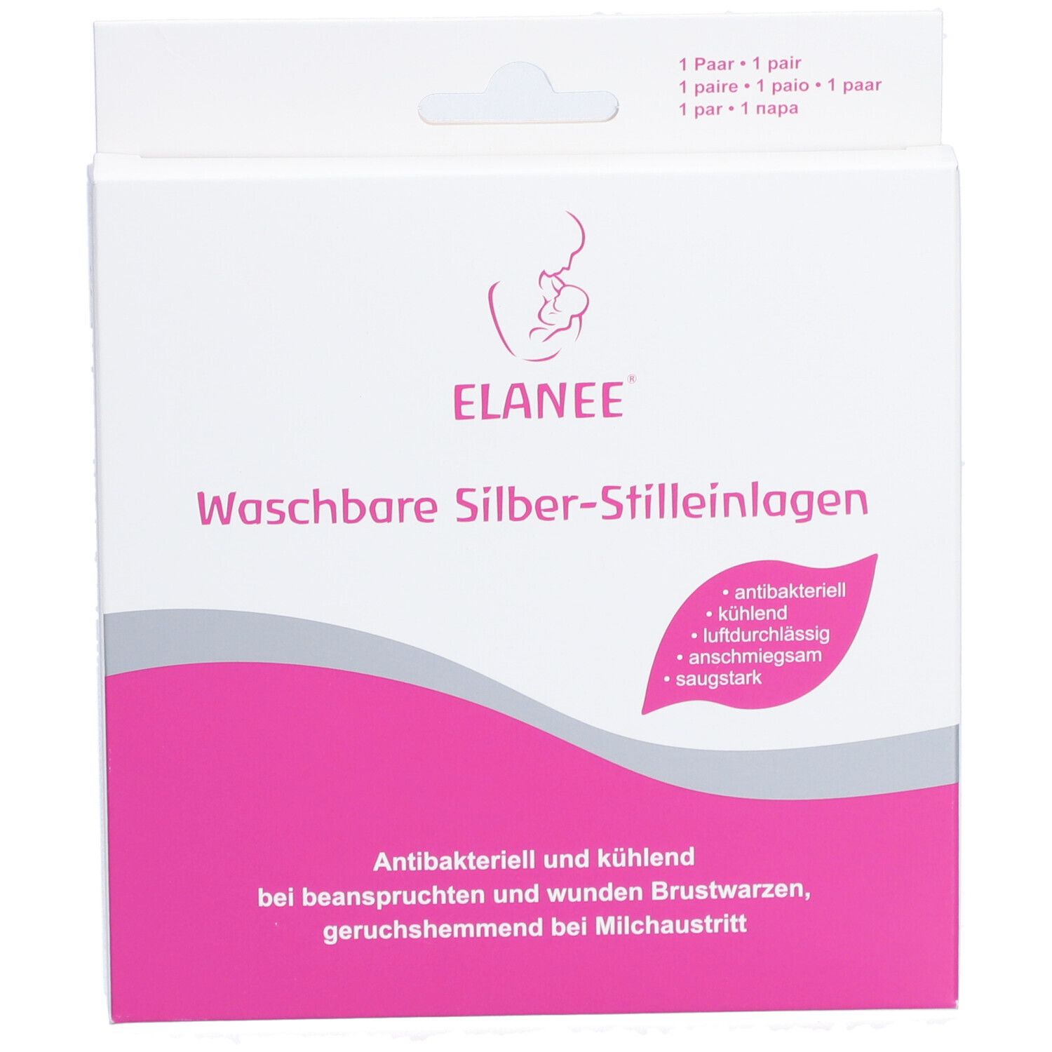 ELANEE® coussinets d'allaitement lavables en argent dans un emballage. Accent rose. Texte : antibactérien, rafraîchissant, respirant, doux, absorbant.