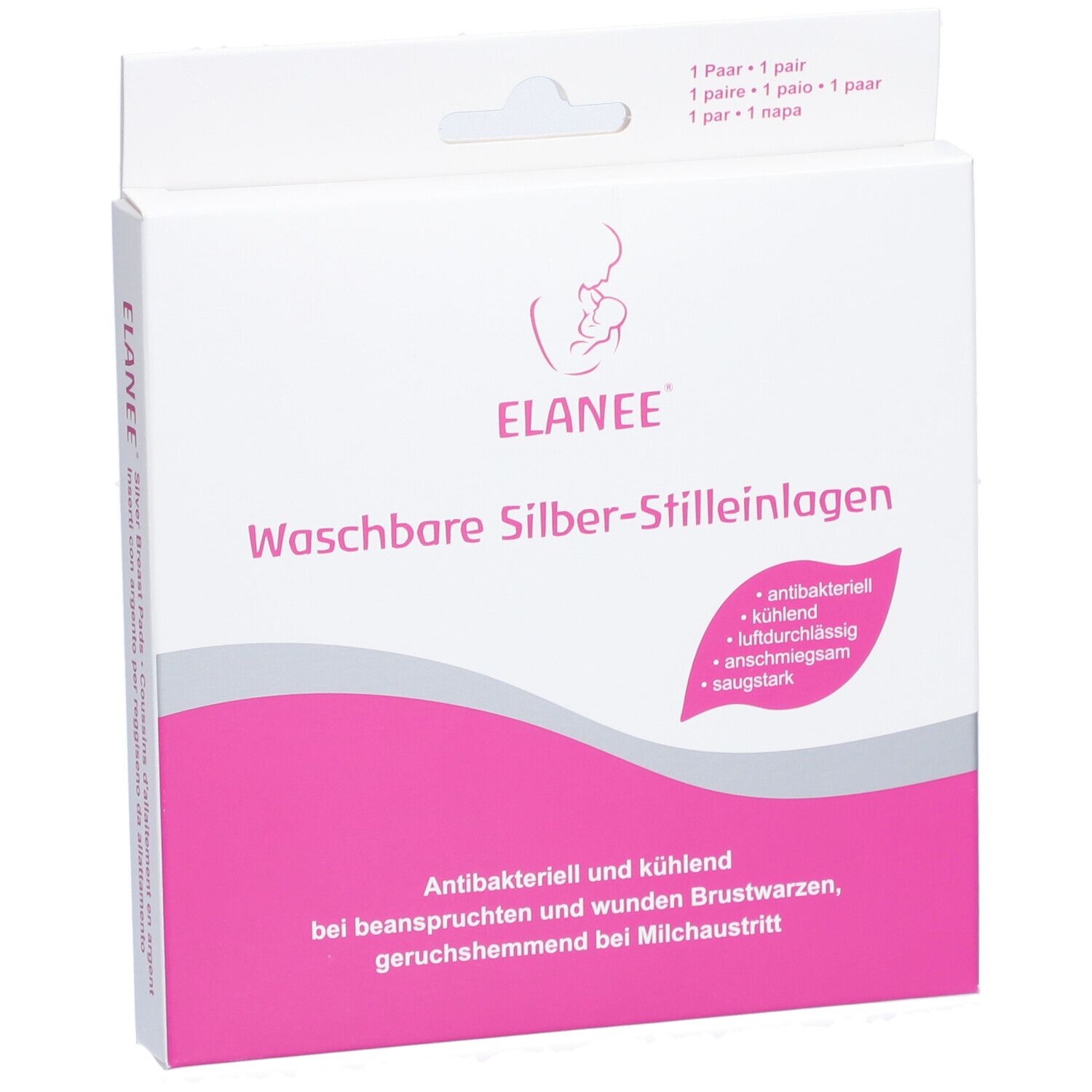ELANEE® coussinets d'allaitement lavables en argent dans un emballage. Accent rose. Texte : antibactérien, rafraîchissant, respirant, doux, absorbant.