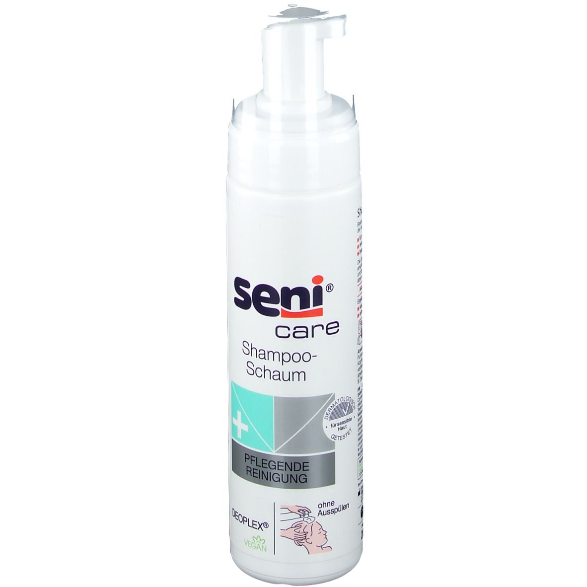 Flacon blanc avec pompe. Inscription: Seni care Shampoo-Schaum, nettoyage doux. Avec logo et certifications.