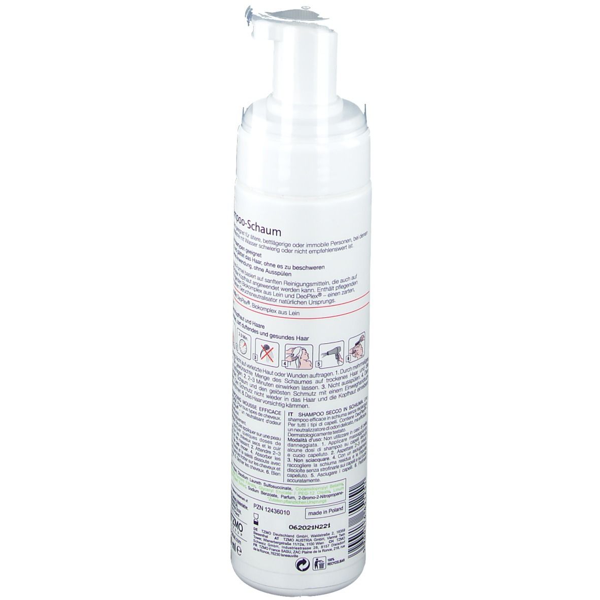 Flacon blanc avec pompe. Dos avec texte et pictogrammes. Contient des informations sur le produit et les ingrédients.