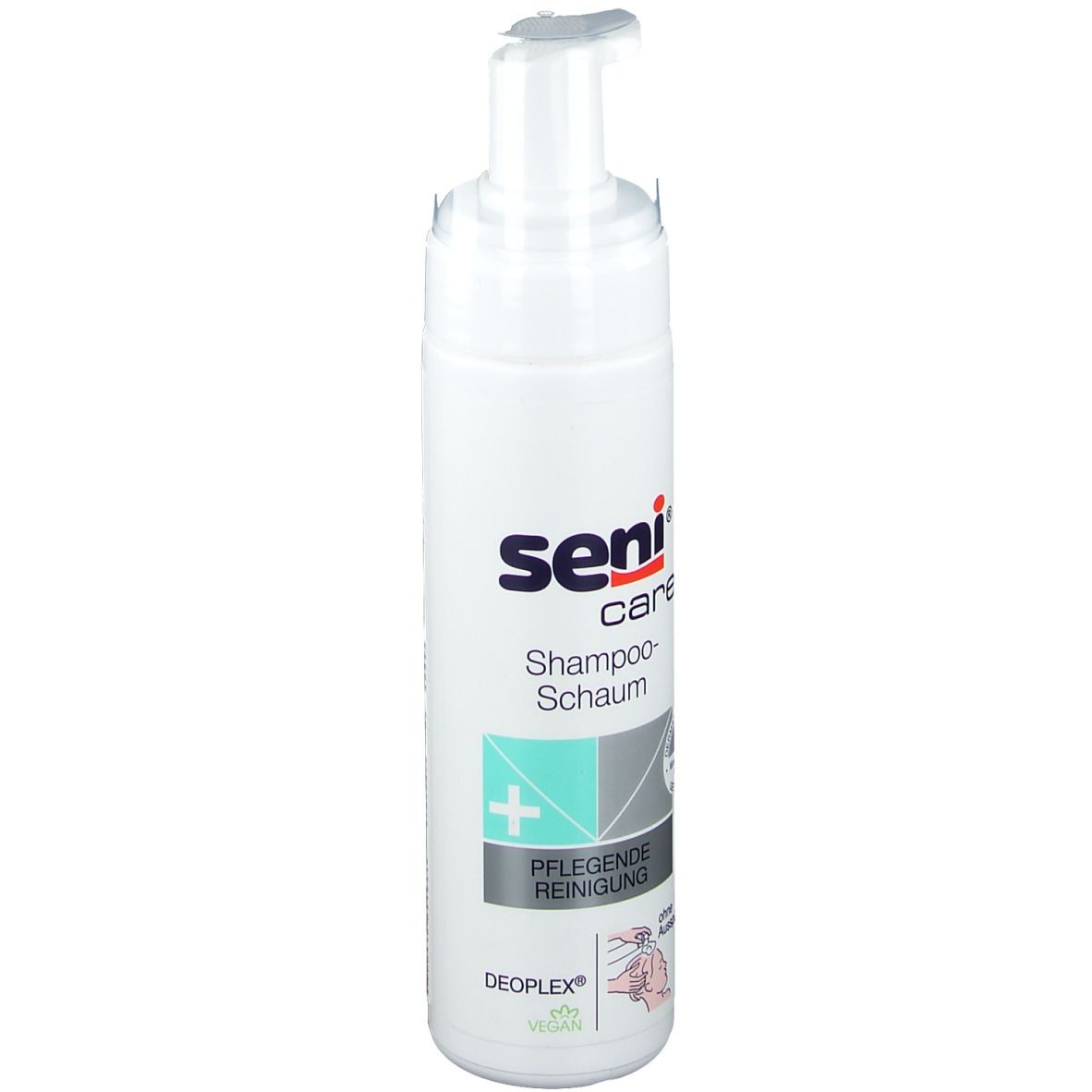 Flacon blanc avec pompe. Inscription: Seni care Shampoo-Schaum, nettoyage doux. Avec logo et certifications.