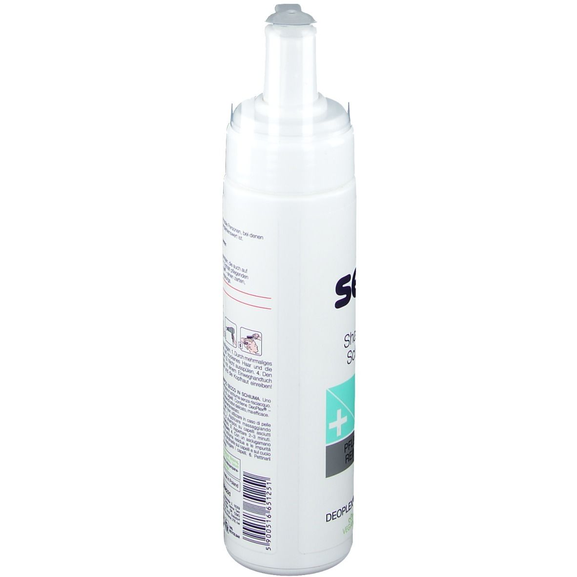 Flacon blanc avec pompe. Inscription: Seni care Shampoo-Schaum. Dos avec texte et pictogrammes.