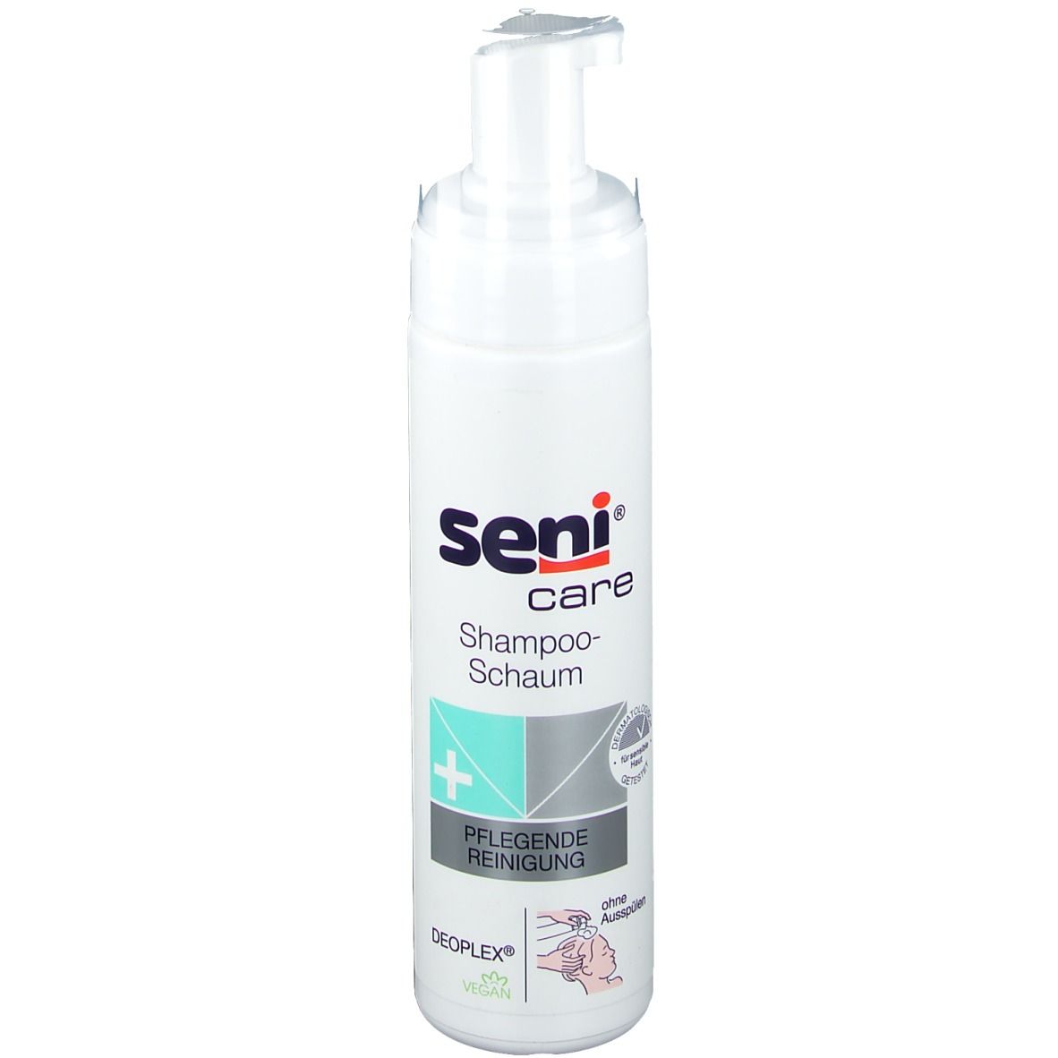 Flacon blanc avec pompe. Inscription: Seni care Shampoo-Schaum, nettoyage doux. Avec logo et certifications.