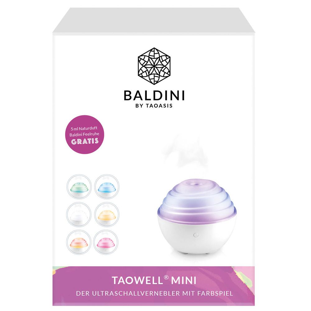Emballage d'un diffuseur à ultrasons blanc avec jeu de couleurs, marque BALDINI BY TAOASIS.
