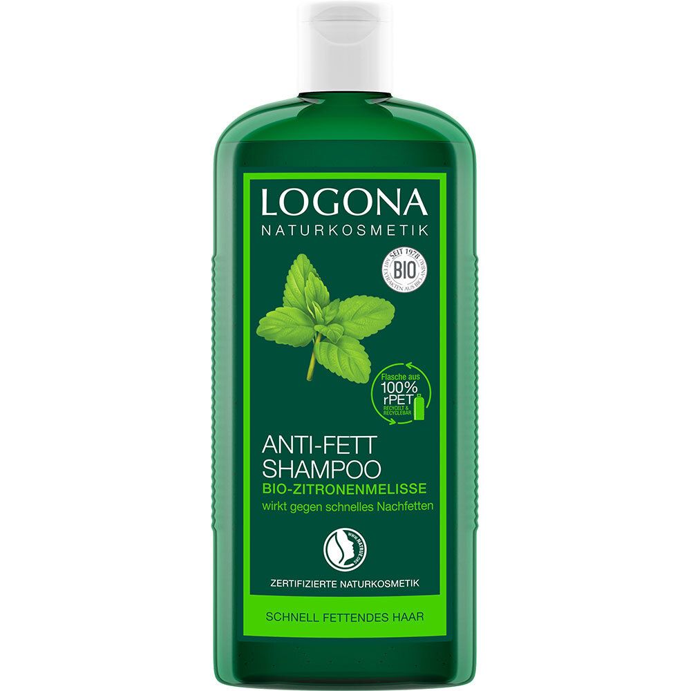 Flacon de shampooing vert avec bouchon blanc. Logo et texte "Anti-Fett Shampoo Bio-Zitronenmelisse". Label bio et certification.