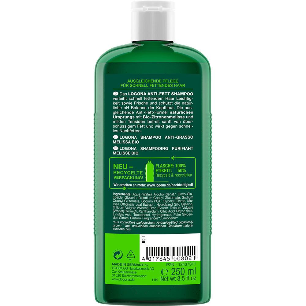 Dos du flacon de shampooing vert. Texte en allemand, italien et anglais. Informations sur les ingrédients et le recyclage.