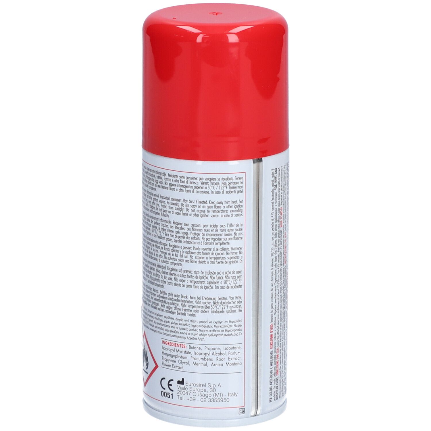 Bombe aérosol rouge et blanche. Texte au dos. Avec symboles d'avertissement et ingrédients.