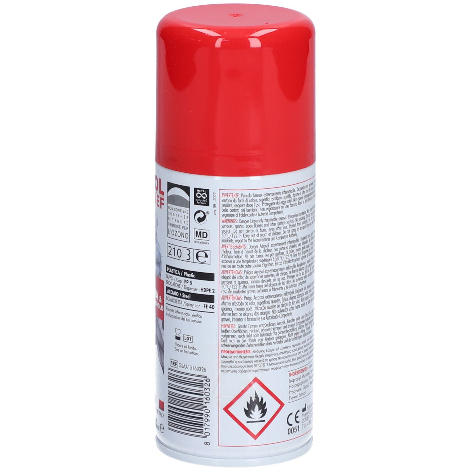 Bombe aérosol rouge et blanche. Texte au dos. Avec symboles d'avertissement et informations.