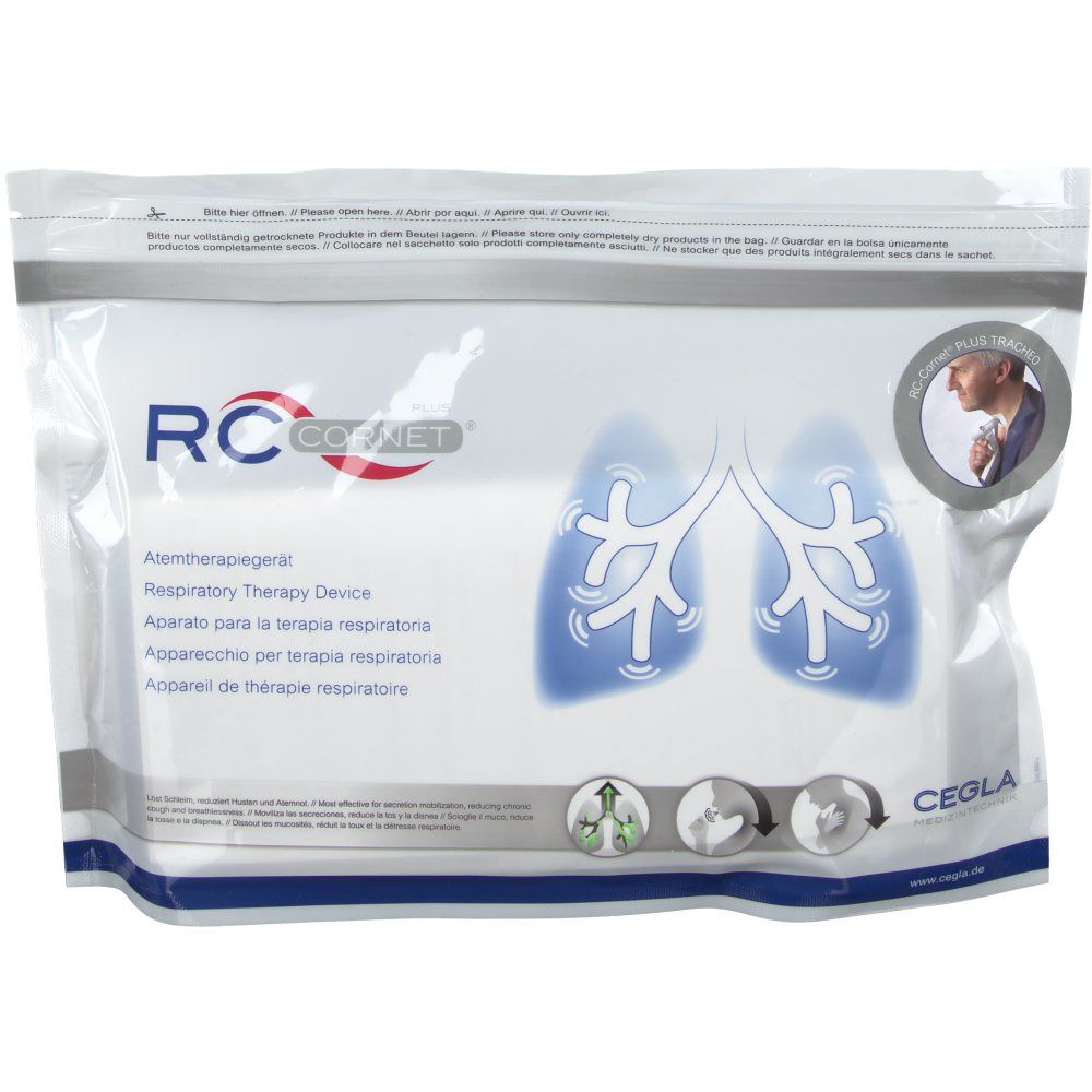 Emballage du RC-Cornet® PLUS TRACHEO. Logo du produit, illustration des poumons et désignations multilingues.