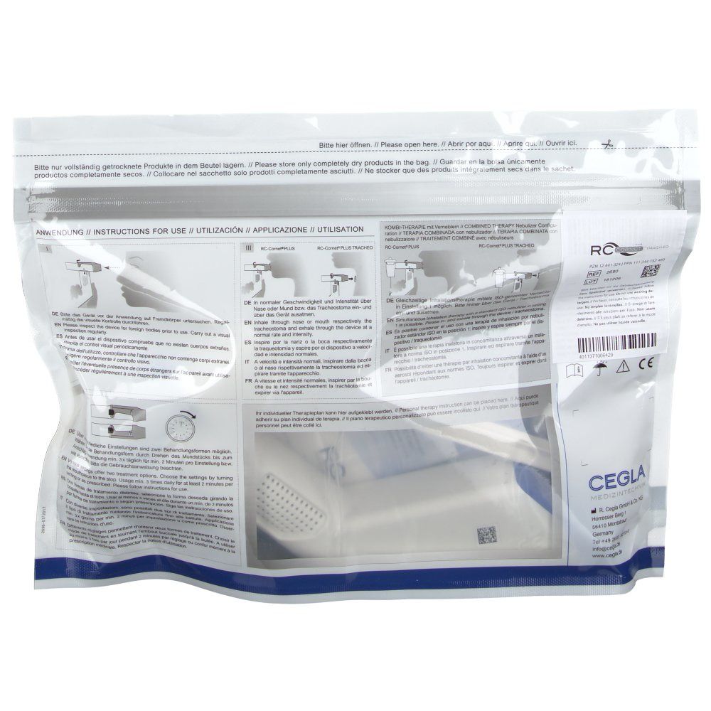 Dos de l'emballage du RC-Cornet® PLUS TRACHEO. Instructions d'utilisation et informations sur le produit.