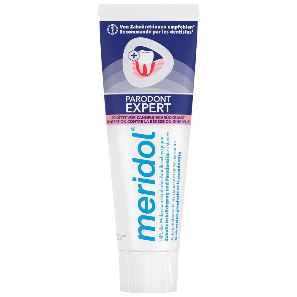 Tube et emballage de dentifrice meridol Parodont Expert. Design blanc avec accents bleus et nom du produit.