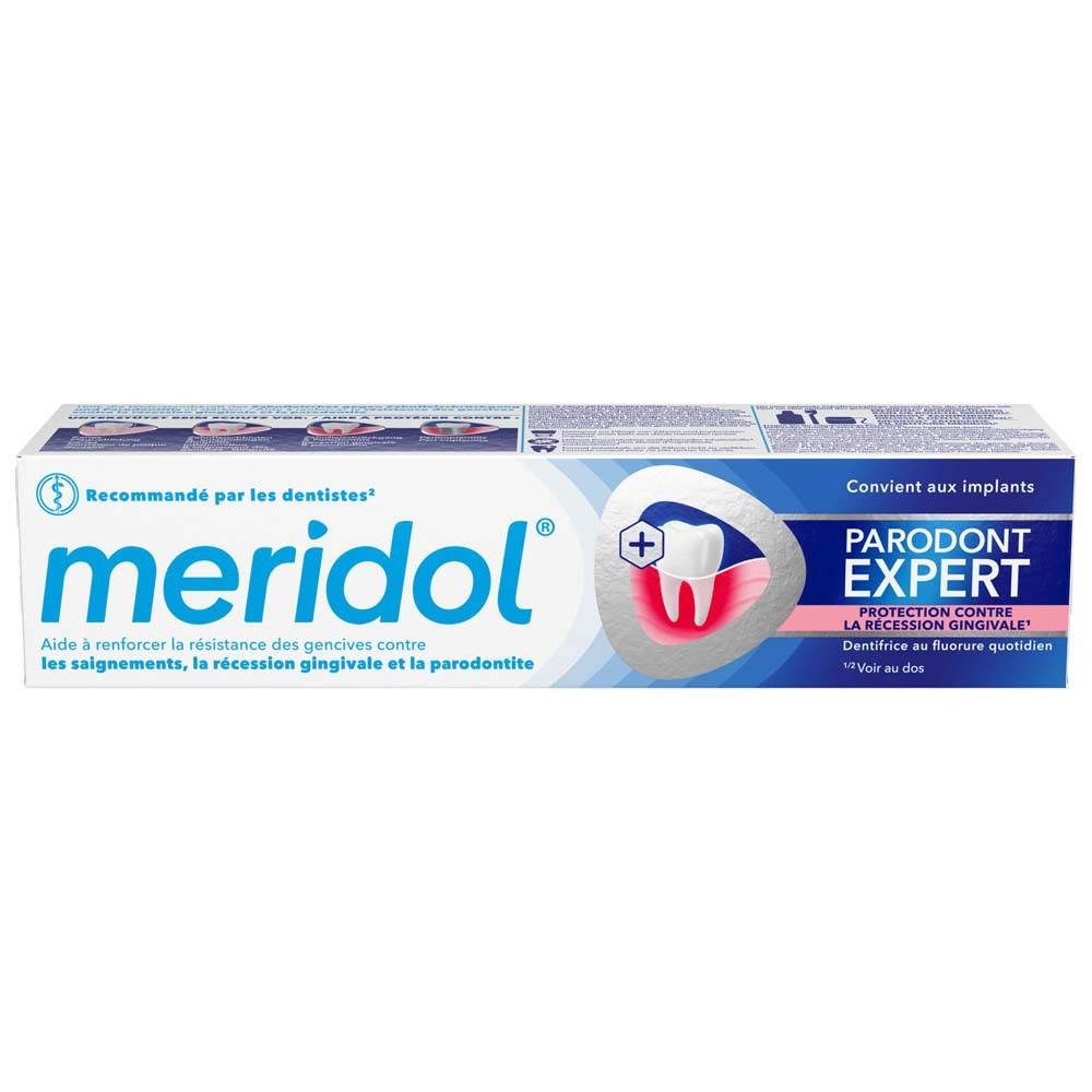 Texture de dentifrice turquoise. Le nom meridol est visible.