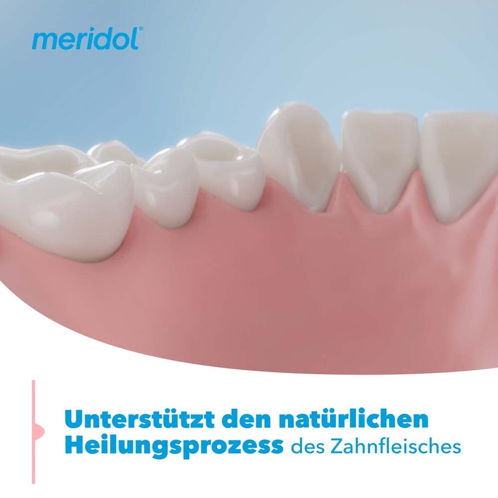 Brosse à dents, bain de bouche et dentifrice. Le nom meridol est visible.