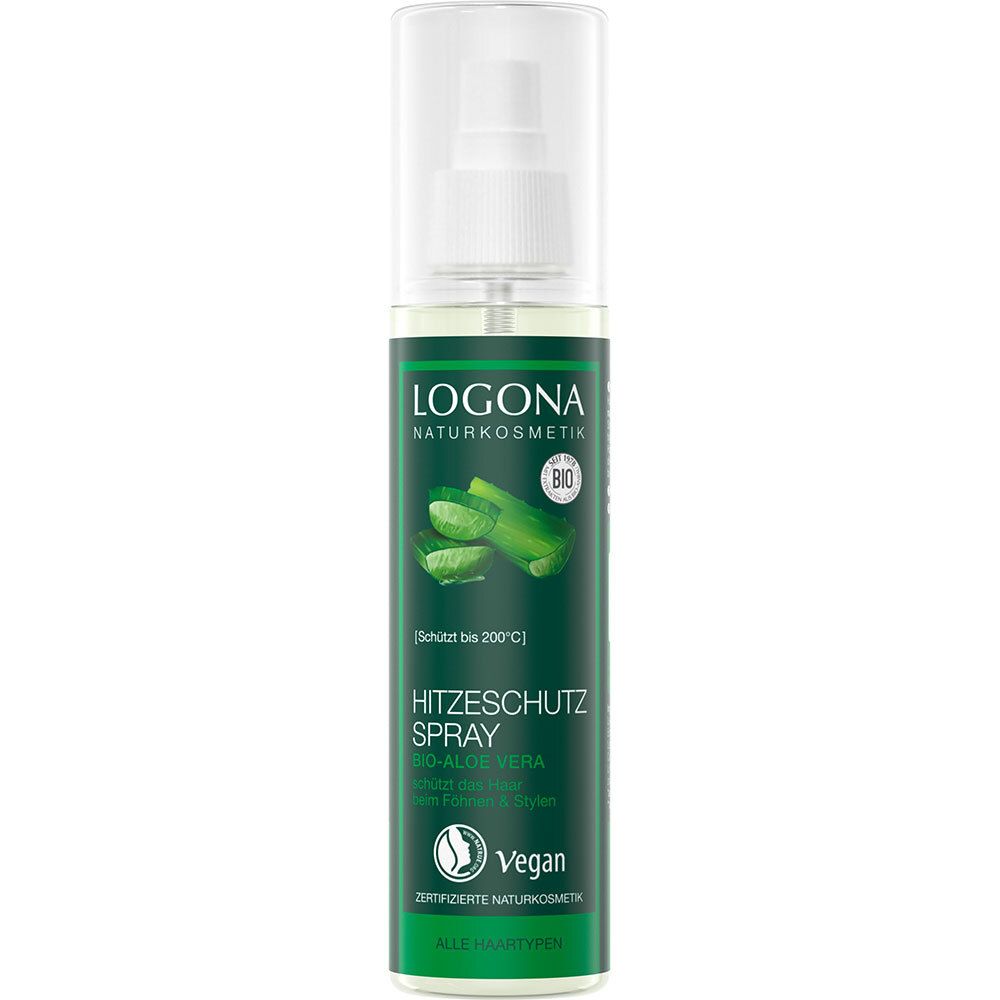 Flacon vert avec vaporisateur. Inscription: LOGONA Naturkosmetik, Hitzeschutzspray Bio-Aloe Vera. Label Vegan.
