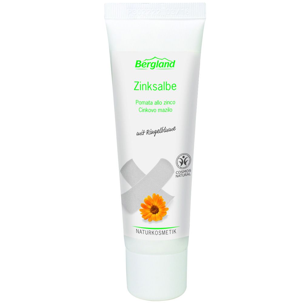 Tube blanc de Bergland Zinksalbe. Texte: Zinksalbe, Pomata allo zinco, Cinkovo mazilo, mit Ringelblume. Logo.