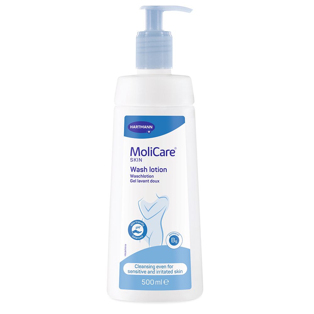 Flacon blanc avec pompe bleue. Inscription: MoliCare Skin Wash lotion. Pour peaux sensibles.
